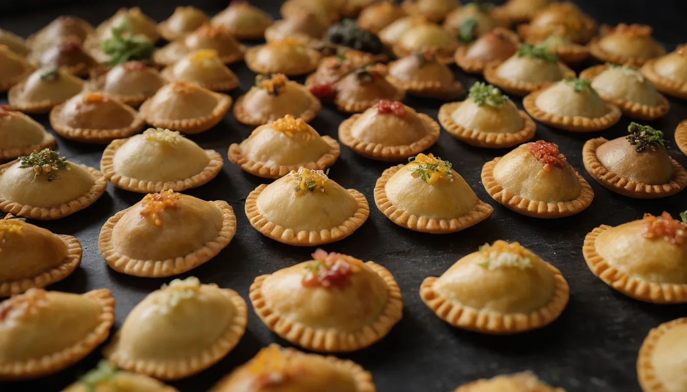 Mostrar una variedad de pequeñas empanadas coloridas en arreglos creativos y visualmente atractivos. Doce pequeñas pero diferentes variaciones de empanada que muestran rellenos únicos e ideas de presentación para la merienda.
