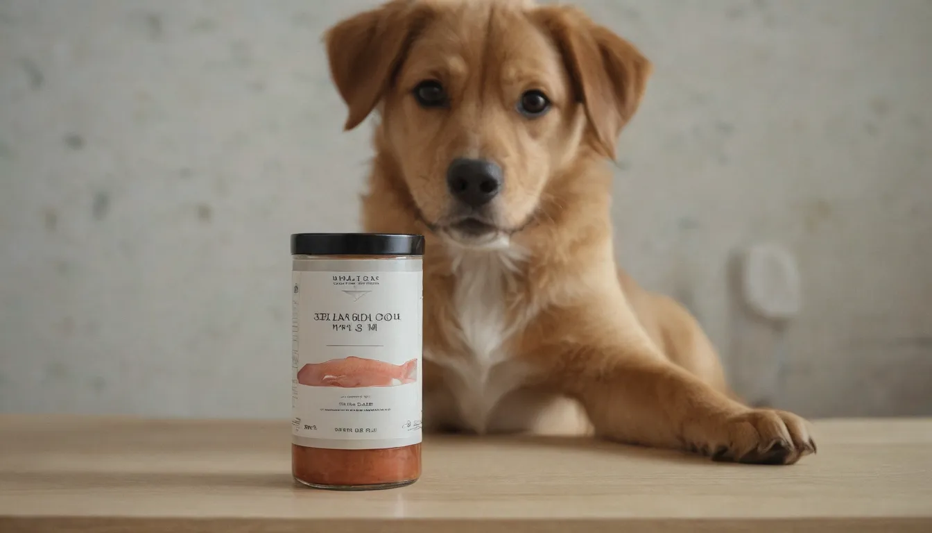 imagen extremadamente detallada de un aceite de oliva para perros botella, por sperry scott, vista de retrato, estructura de vidrio muy clara, botella de vidrio muy clara con etiqueta de cuerpo completo que muestra logotipo de la empresa, nombre del producto en la conclusión forma de aceite de salmón para perros, muy claro gráfico de pescado, dosis de producto