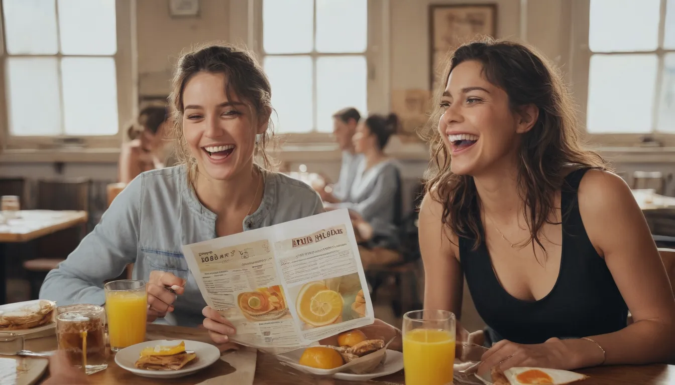 Intro a Brunch: Retrato de las mujeres que se ríen y sostienen un menú de brunch, tomen a mano durante mucho tiempo comida colorida en las mesas, intrincan la vida muerta, primer plano, huevos duros, tortitas, pasteles, vasos de jugo de naranja. Tipografía artística de brunch. Arte dinámico, realista, altamente detallado, colores vivos, alto contraste, iluminación dramática, composición hermosa, fotorealista por artgerm y peter mohrbacher