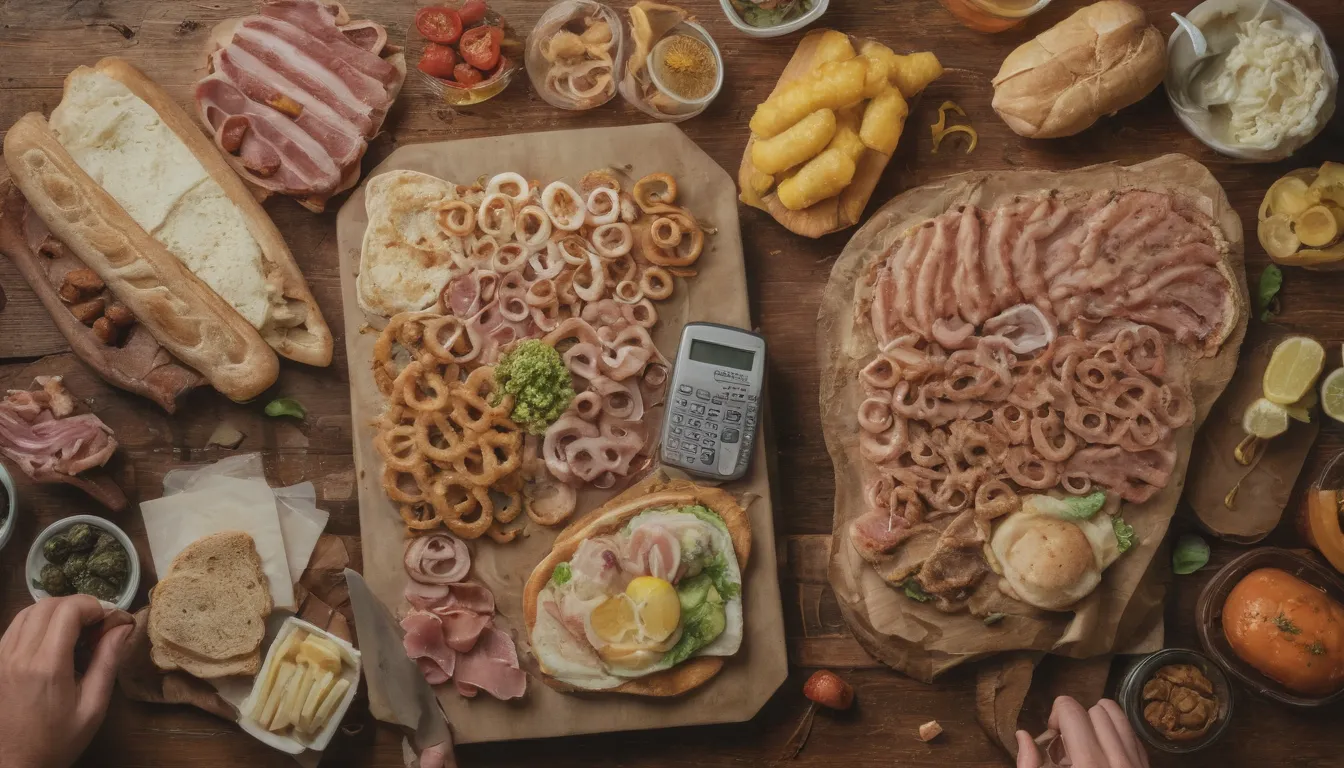 Elementos: vista de retrato de calamares, kcal, calculadora, sándwiches, cuchillo, jamón, persona. sándwiches altamente detallados, jamón, gente, estilo de ilustración por greg mandraki , cielo blu y peter palma, fondo es un colorido panela.