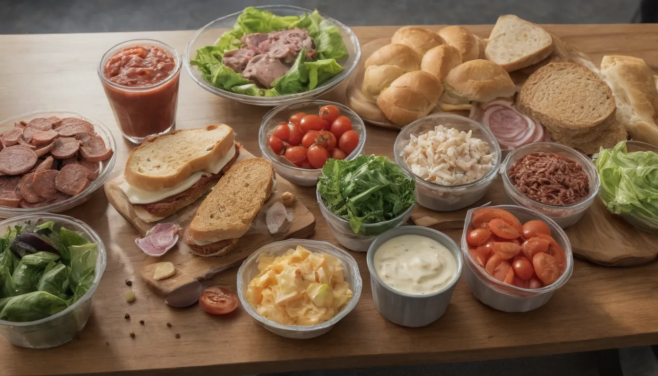 Una imagen que representa Previsión de ingredientes y Pan y calcula sándwiches para 30 personas, debe incluir 80 rodajas de pan, 4 latas de topping de carne, 2 cabezas de lechuga, 8 tomates, 5 cebollas, 7 tazas de aderezo, 3 recipientes de queso, por colocados en la contra-top.