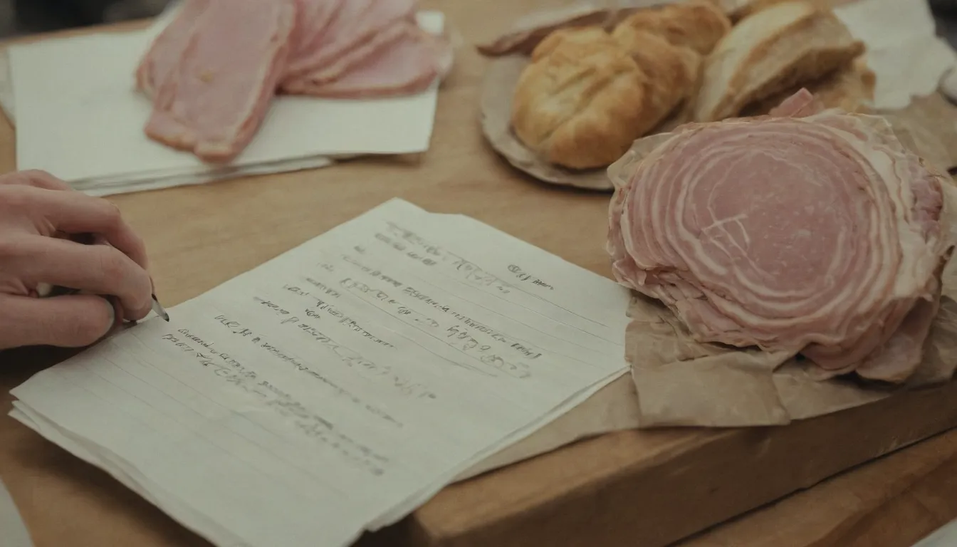 Una imagen clara y detallada de una persona con una lista de compras en papel, mirando montones de jamón, una pila de pan, una calculadora abierta y un cuenco vacío utilizado para medir, enfatizando la idea de calcular los suministros de sándwich para 30 invitados.