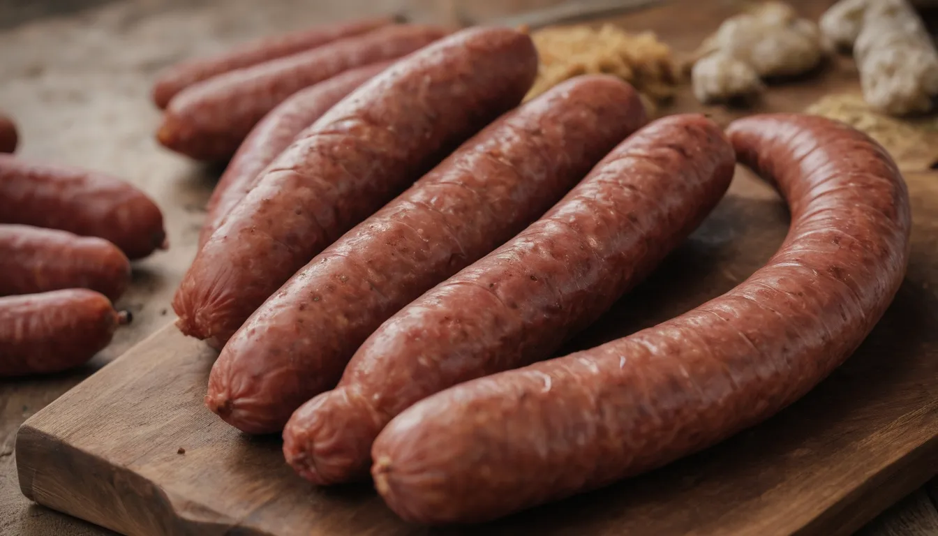 La imagen debe mostrar el chorizo (sausaje español) con los siguientes elementos de fondo para El Chorizo: Características y consejos para elegir el ideal y calcinar la cantidad correcta de 40 personas: 80 piezas de salchichas, colores realistas, enfoque agudo, detalles finos, escalas digitales o una pila para calcular.