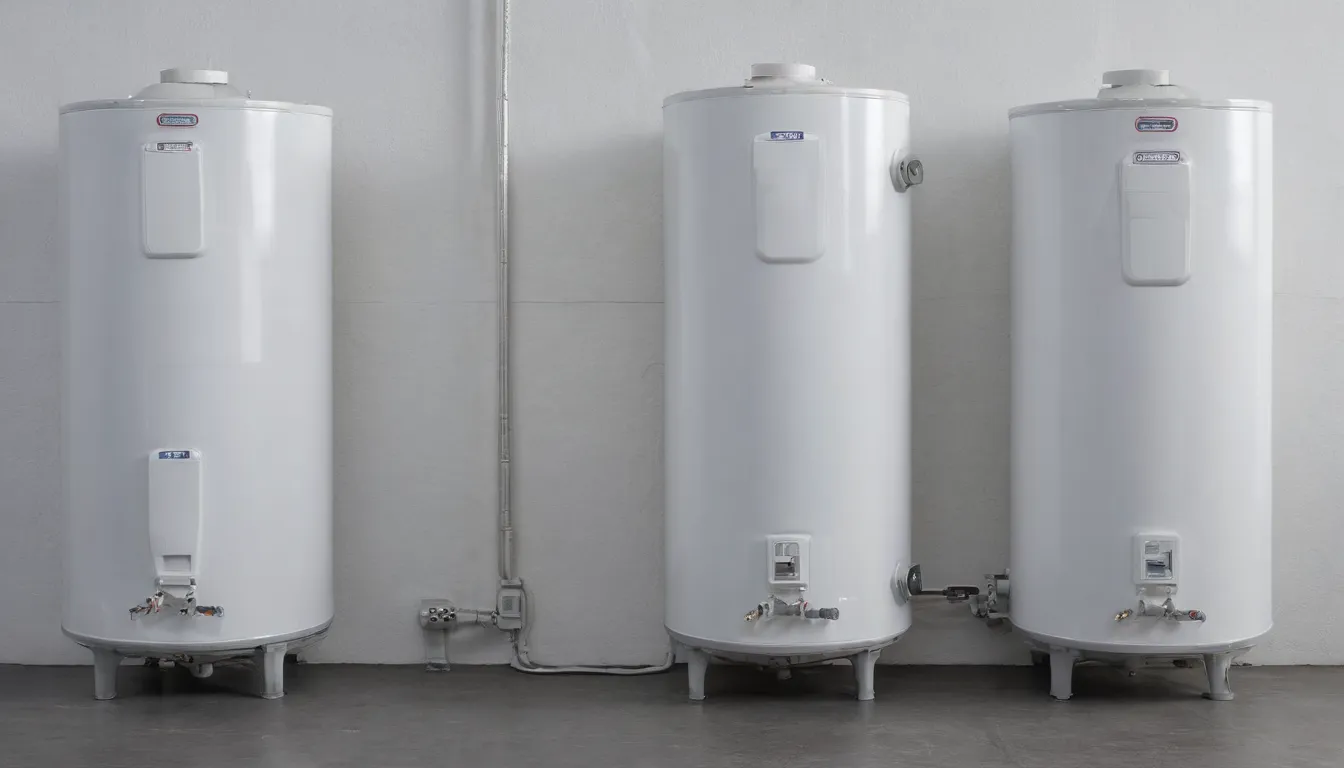 Una descripción detallada no es posible debido a la longitud limitada. Una imagen de tanques de calentador de agua eléctrico que comparan modelos instanosos y estándar debe representar una vista de ángulo lateral cercano. Mostrar dos unidades de tanque de agua caliente eléctrica:.