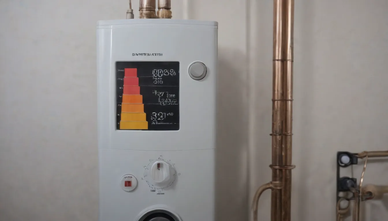 la foto debe mostrar un calentador eléctrico instantáneo de agua caliente, un gráfico de barras de consumo de energía, un temporizador, vista anatomía del sistema de calefacción, una llama alta y baja en el quemador, vista anatomía del aislamiento.