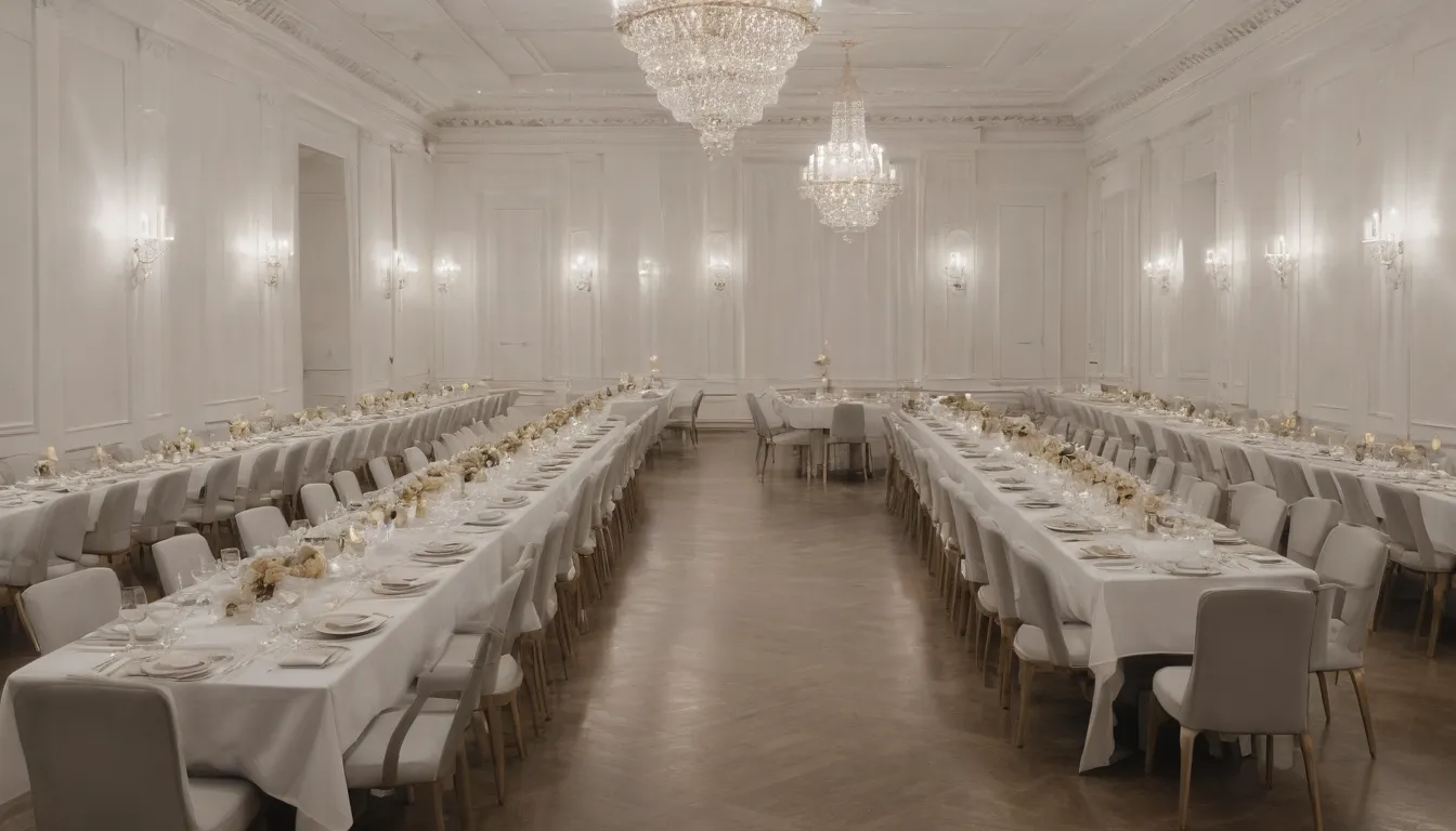 Un paso mas avanzado: el catering futuro de caterina vs banquettes, ultramoderno, futurista, de tendencia en el lado izquierdo de la imagen, mesa larga con diseño elegante y artículos de alta tecnología. En el lado derecho, clásico, elegante, simétrico, tradicional banquete con lino blanco, cubierto de oro y cristales en composición altamente simétrica.