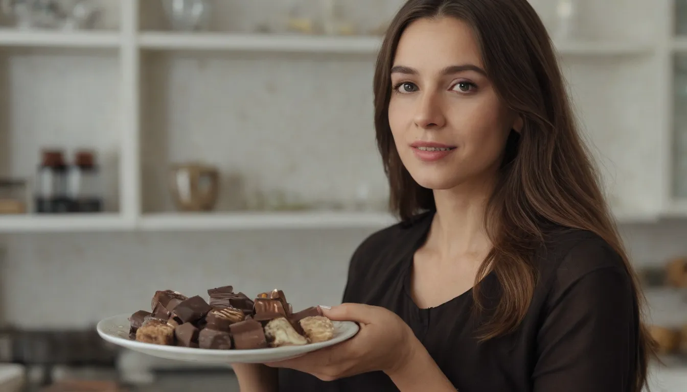Una imagen que corresponde a esta capción, hermosa mujer en vista frontal y lateral, conteniendo una placa con varios chocolates gourmet sin gluten con altas viabilidades de las marcas.