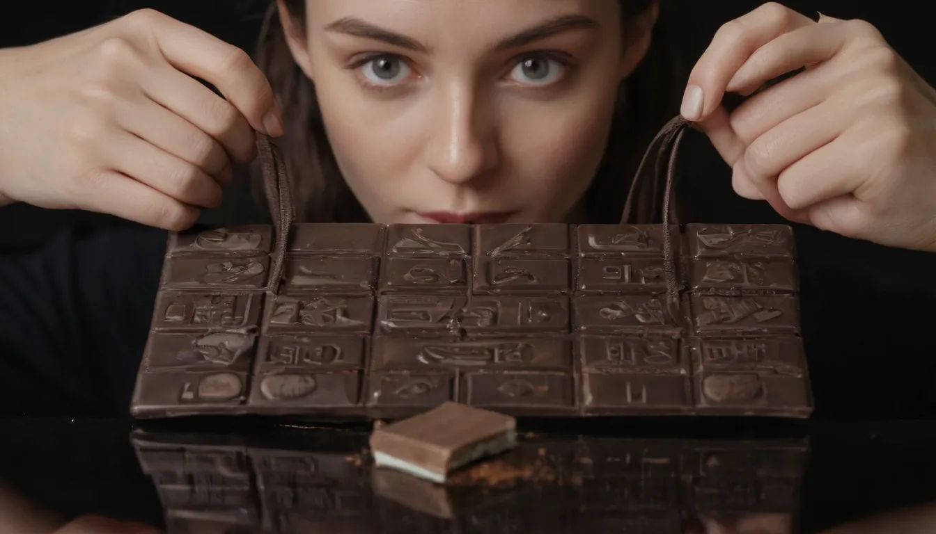 imagen de consumo y distribución de chocolate orgánico: paisaje, hermosos detalles. planos, ojos oscuros, reflejo brillante de las barras orgánicas de chocolate, diseños intrincados en los ojos, bolsa de cinch con logotipo, bolsa de sujeción de manos, ojos cerrando en placer e información de salud. fondo negro.