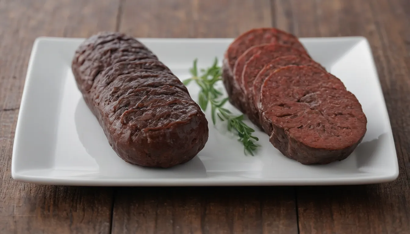 Introduciendo una comparación detallada de morcilla (Salchicha de sangre) y chorizo (Salchicha de la barba). Imagen debe mostrar secciones transversales de ambos sausagesin una placa blanca con iluminación uniforme para mostrar textura, apariencia, color y forma (la enfermedad y el tamaño pueden variar)