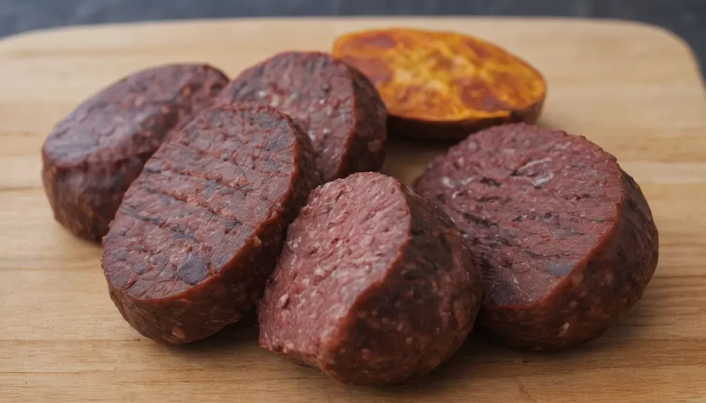 chorizo ​​vs morcilla: primer plano muy detallado de porciones individuales de tamaño considerable: el chorizo ​​es una salchicha cruda a base de cerdo (tradicional con una carcasa y rayas de color naranja)