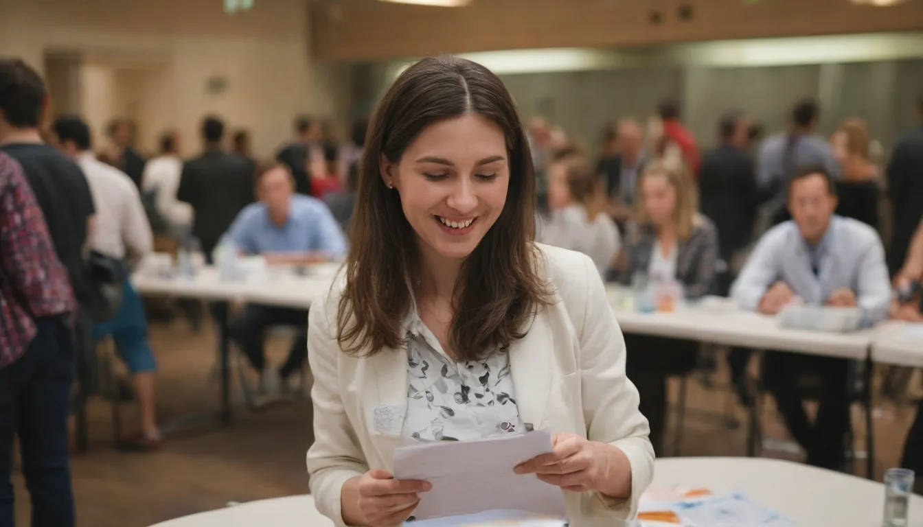 La imagen debe ilustrar el concepto de oportunidades de empleo en eventos sociales españoles para un coordinador de eventos. Podría mostrar a la gente que interactúa en una gran habitación, iluminación dinámica, decoraciones coloridas, personas con chaquetas blancas cortas que sostienen placas de nombre y sonriente, y una mujer mayor vestida de atuendo profesional mirando a través de una pila de papeles, representando simbólicamente las muchas oportunidades.