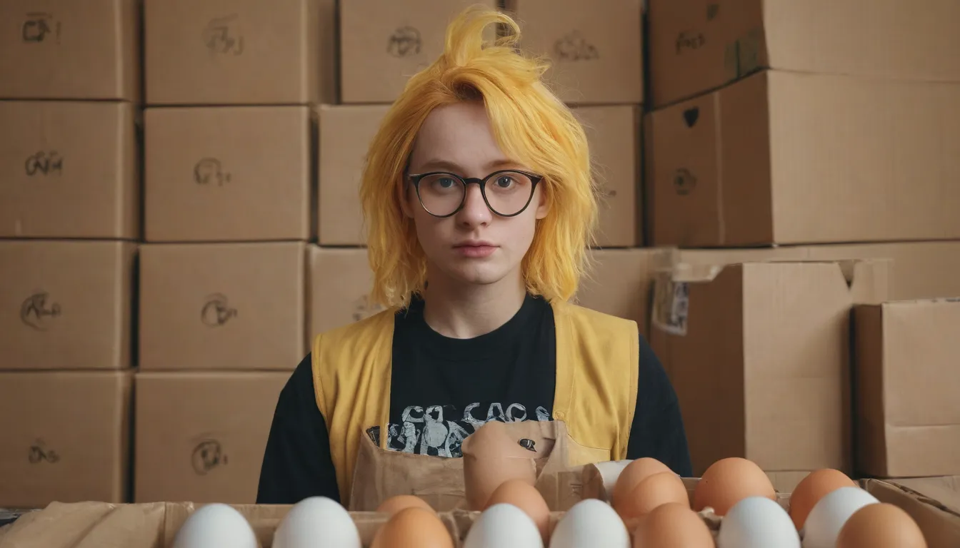 un retrato de Orígenes junto a huevos y cartón con cajas de cartón con huevos junto a ellos, por artes y panda con gafas y color amarillo del pelo, con fondo de Bek van Genderen y Juan Rigol, logo ilustración de las artes y símbolo de reciclaje.