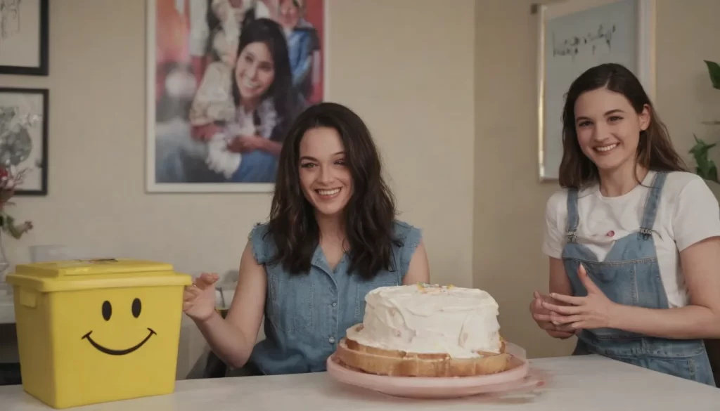 una imagen de una mujer entregando felizmente papel flexible de pasteles de cumpleaños o pasteles a un hombre frente al retrato de una madre joven y un ícono icónico de papelera sonriente por el estudio de arte de greg brownlee josé lapruna y rachel swain