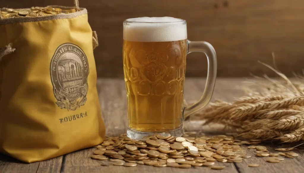 Una imagen que encaja con la frase Descubre el precio de la cebada cervecera: ¡Ahorra en tu producción! (Descubre el precio de la cerveza de cebada: Ahorra en tu producción) debe mostrar una imagen de una jarra de cerveza de color amarillo dorado o una insignia de cerveza