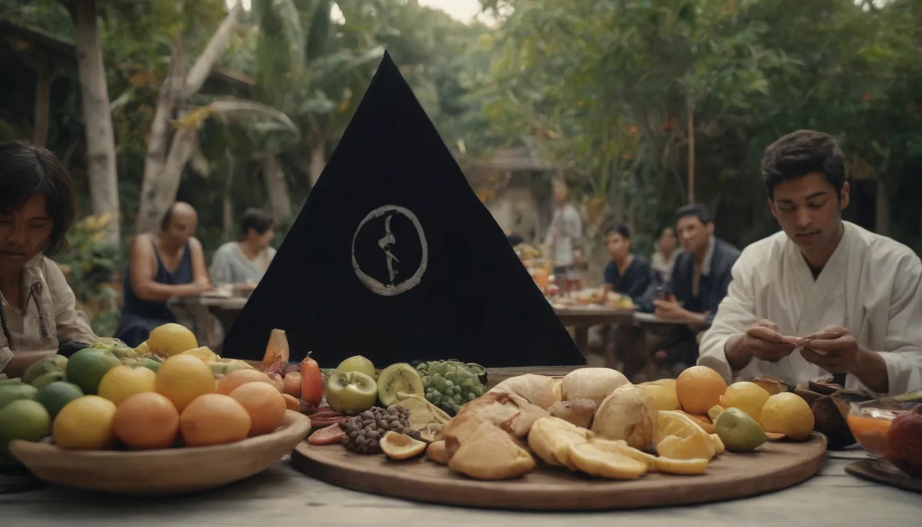 La historia detrás del símbolo de la B en restaurantes foto, altamente detallado, oscuro color clave. primer plano: cierre de un misterioso triángulo negro símbolo de un B, por makalang y calamansi y otros frutos tropicales en él y en el fondo. tierra media : 180 grados de vista de las personas que llevan ropa tradicional en ambiente cálido que sostienen comida en las manos. fondo: pinturas históricas, mapas, artefactos, edificios. en el estilo de la iluminación pinterest, hiperrealista, cinematográfica.