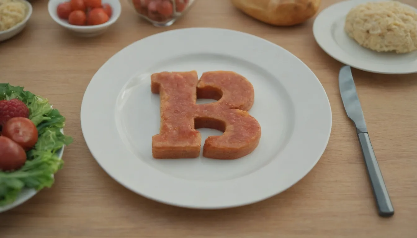 La imagen debe representar una representación artística y atractiva de una gran carta redonda ‘B’ y una comida, material educativo sobre la comida en el fondo.
