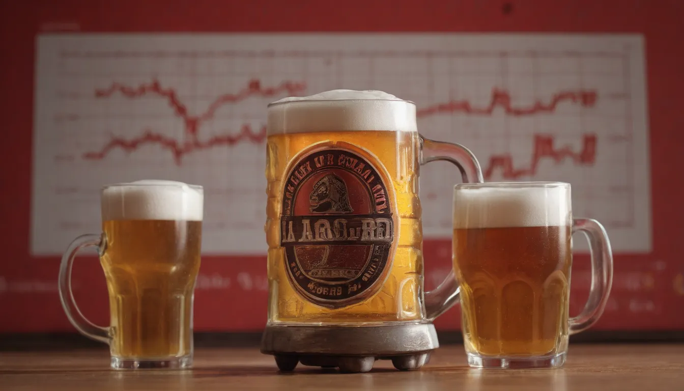 la popularidad de lager cerveza global por hanna jason 4k, composición de fotos, muy bello concepto arte. tanque octano y taza en fondo rojo y gráfico de tendencia.