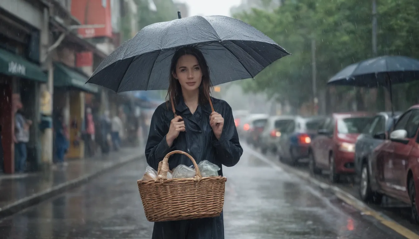 La imagen debe ser muy clara y simple. Debe mostrar una ilustración de una mujer que lleva ropa de clima lluvioso, sosteniendo un arca o una cesta que recoge bolsas de souveno lluviosos. el fondo con un poco de agua de lluvia y paraguas para ilustrar las celebraciones temáticas con lluvia de premios y simbolismo de paraguas invertidos para el texto del título, ilustrando la lluvia de cupones.