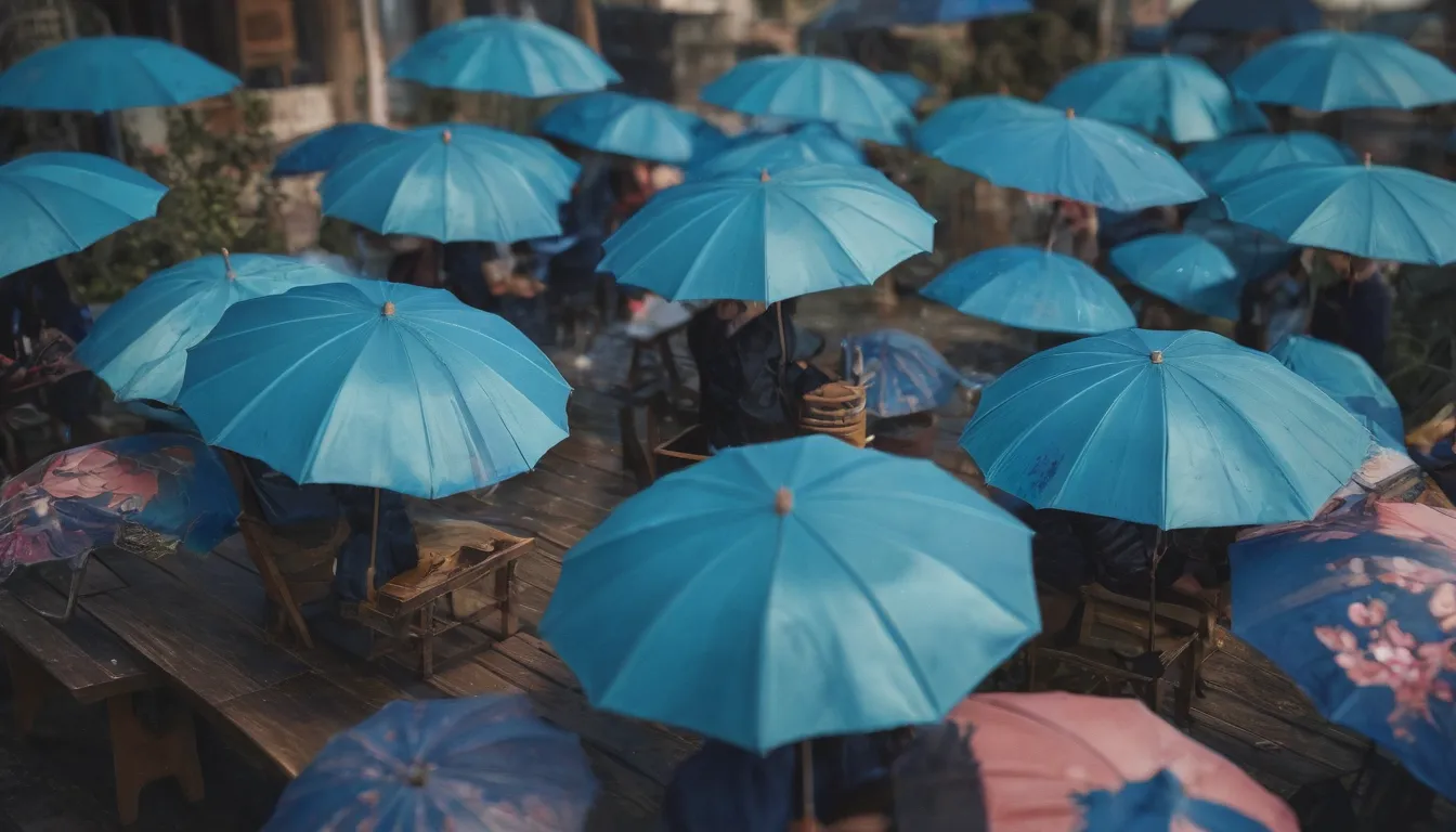 artes emblemáticas e intrincadas por Greg Rutkowski de Gregs estudio, pintura digital, sombrillas de colores pixie de tendencia en grupos sobre una mesa, arte conceptual, dinámica 3d, elegante, enfoque agudo, ilustración, suave, azul, tapa dura, textura, 3D, intrigado, arte por Artgerm y Alphonse Mucha, tendencia en Pinterest