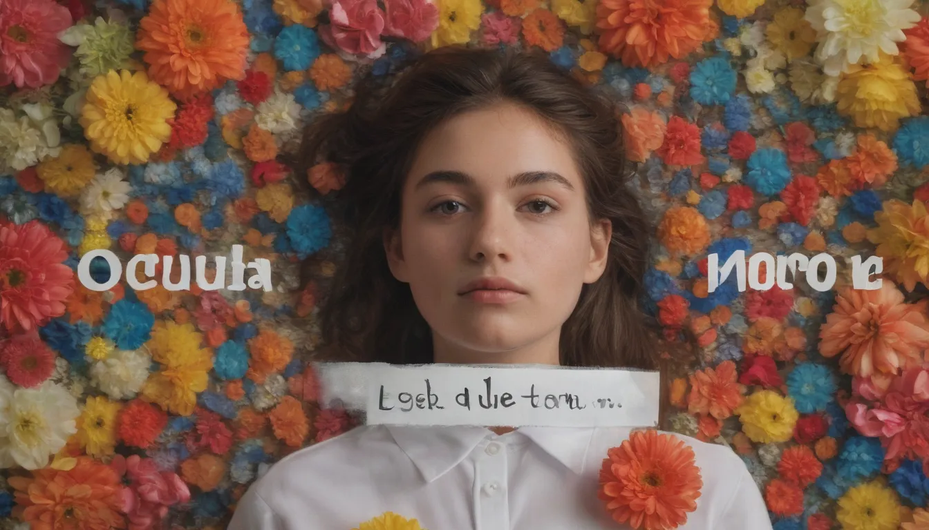 Una imagen para el texto Las bases del test por letras y colores de Descubre el significado oculto de tu nombre con este test de colores debe ilustrar a una persona, cerrar el retrato, rodeado de bloques de color o letras. Un fondo con colores y flores.