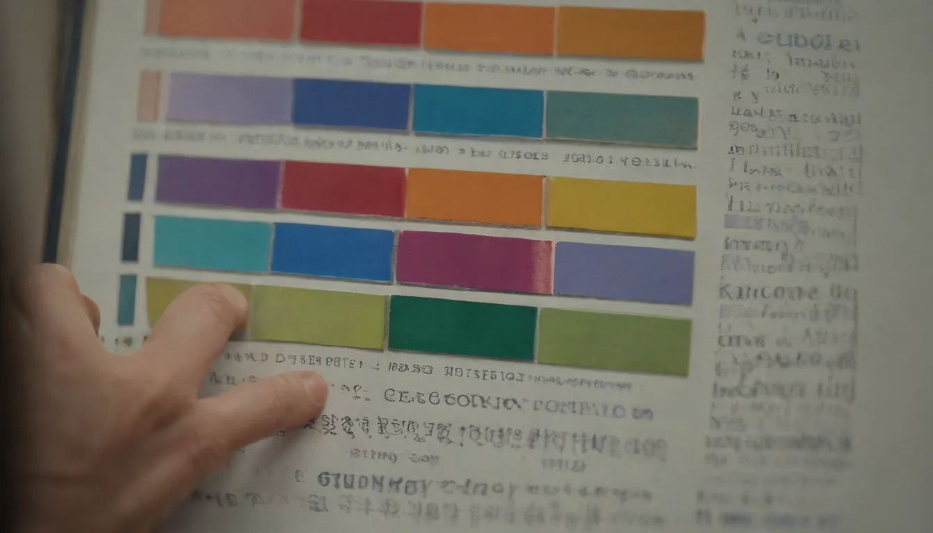 Una persona mirando una placa de nombre de color o espejo. Un libro abierto y barras de colores o swatches que representan colores y numerología.