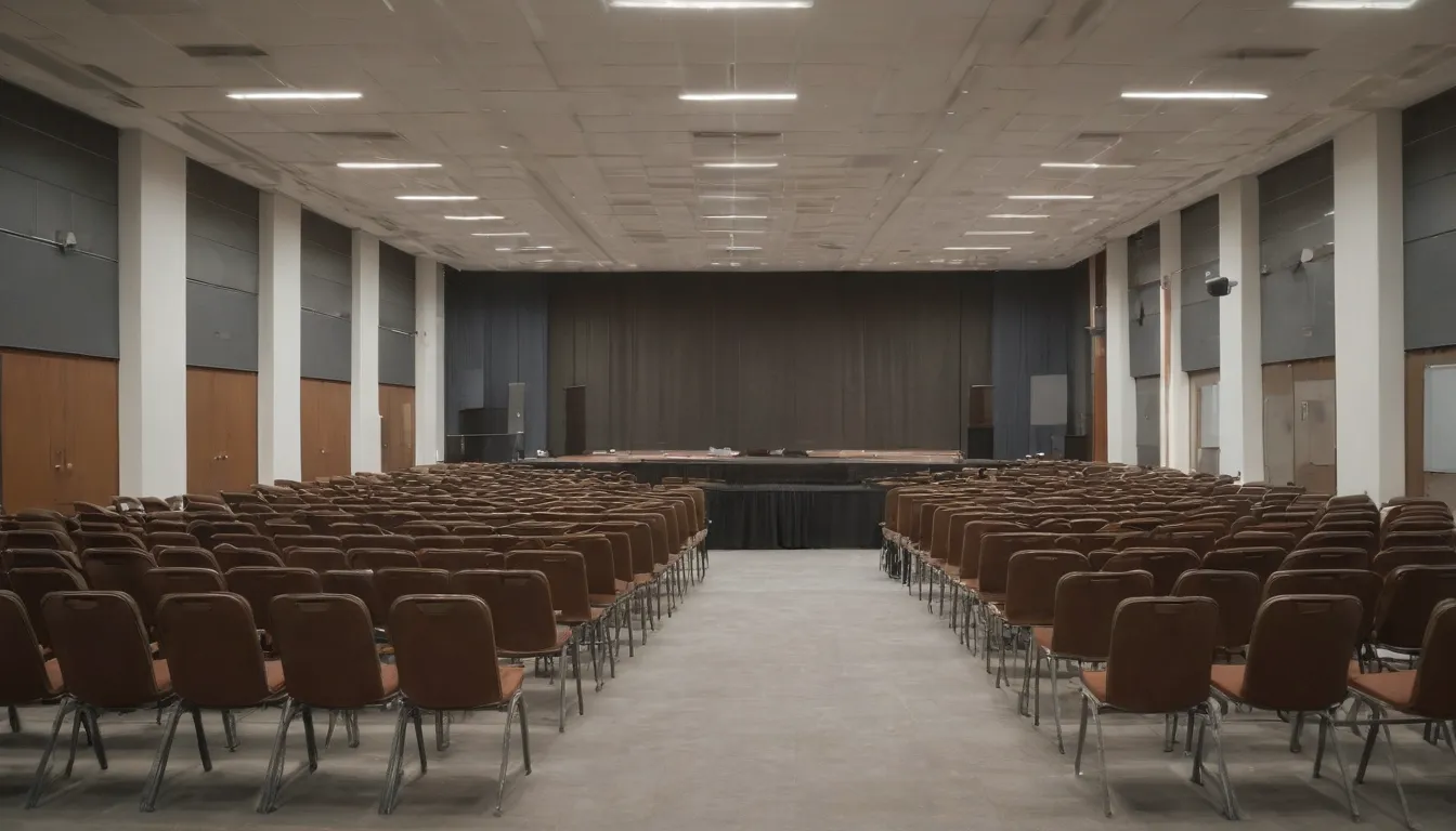 Los elementos que una imagen debe mostrar para la capción Auditorio para 100 personas: Medidas necesarias de Descubre el tamaño ideal: ¿Cuántos metros cuadrados necesitan un salón de fiestas para 100 personas? (Español: auditorio de 100 personas : elementos para el tamaño ideal: ¿Cuántos metros cuadrados necesita una sala de fiestas para 100 personas?) incluyen una etapa redonda de tamaño moderado con asientos en el centro para el público. El público debe sentarse en filas y un espacio cómodo alrededor de ellos para permitir la entrada y movimiento fácil. La foto debe mostrar filas de sillas, algunas vacías al menos, con un pasillo junto a las filas.