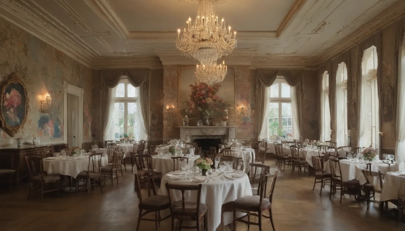 imagen de una habitación grande, bien iluminada con papel decorativo de pared en las paredes y una gran araña colgando del techo. Las sillas y mesas plegables están dispuestas en el espacio listo para 7-8 personas por mesa, con vistas a ventanas o puertas francesas. Grandes pinturas, flores, banderas coloridas, artefactos, vidrio, platería, tonos dorados, ruido de fondo o efectos de luz. arte minimalista deco o elementos rústicos cálidos es opcional.