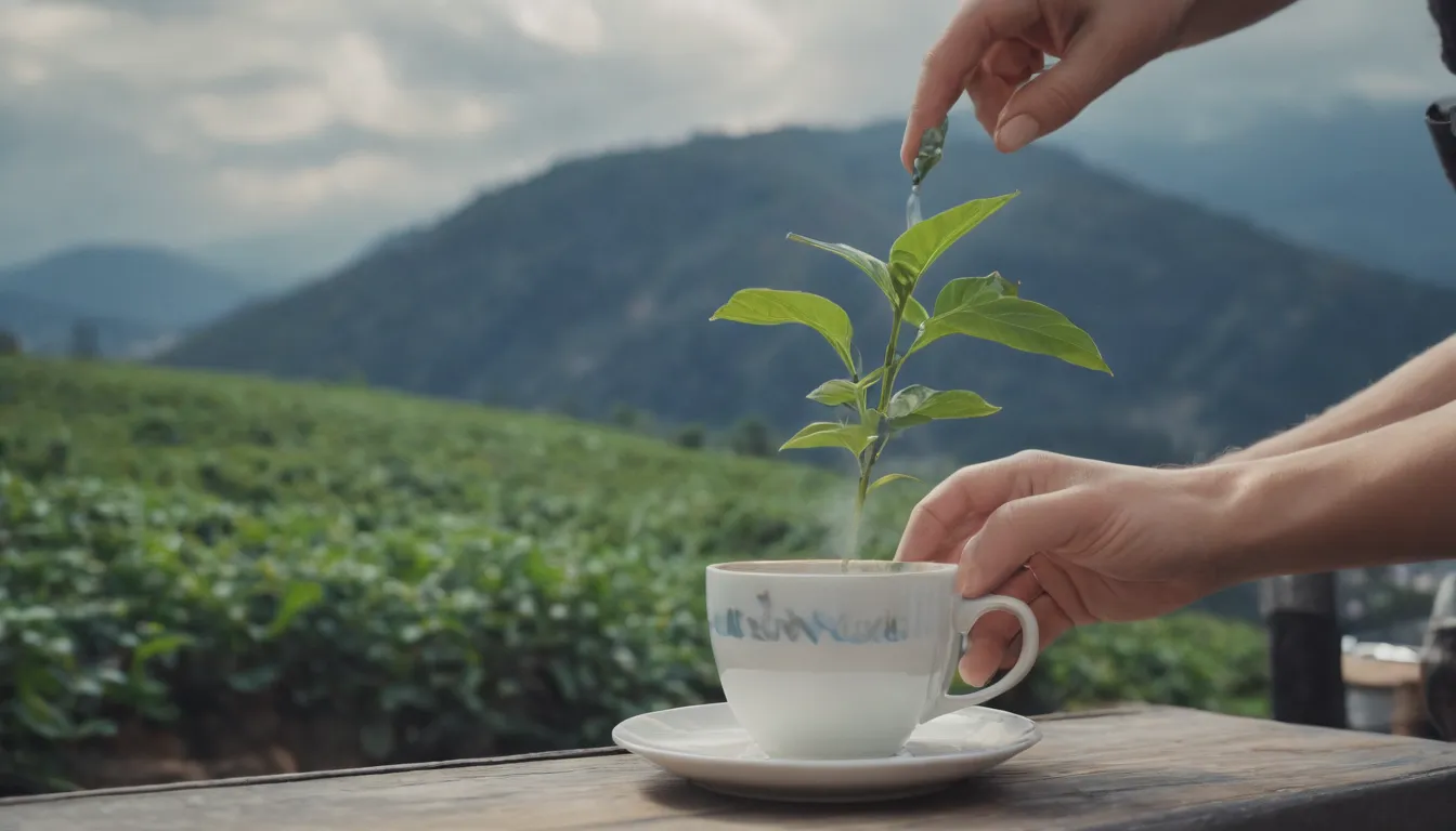 imagen muy detallada de una planta de grano de café paisaje bajo un hermoso cielo blanco nublado de la mañana, iluminación volumétrica, disparo de cerca, tono azul, barista de tendencia que llevaba un delantal en el ajuste artístico de un café de arte latte barroco y taza de moda como humo, iluminación volumétrica, tendencia, ralitivación, arte conceptual, tendencia, gente mirando con asombro