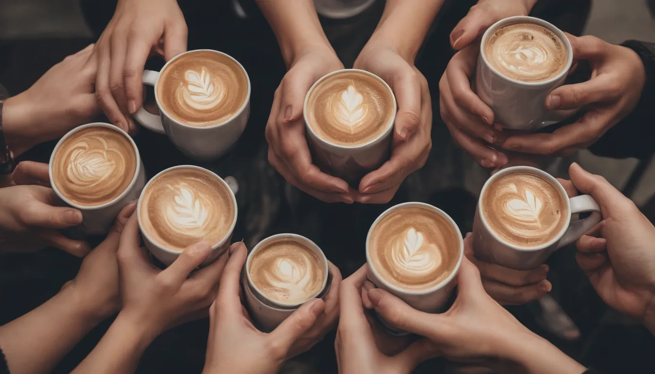 La imagen es mostrar un grupo de manos de moda que sostienen tazas de café, sonriendo, altamente detallado, alto contraste, enfoque agudo, ilustración conceptual del Vivir con sabor: impactando al mundo concepto arte en el estilo de Artgouem y WLOP. En el fondo, por Stanley Artgerm Lau y Ross tran, tendencia en pinterest, diseño de Pinterest, efecto 3D, realista, resolución 4k.