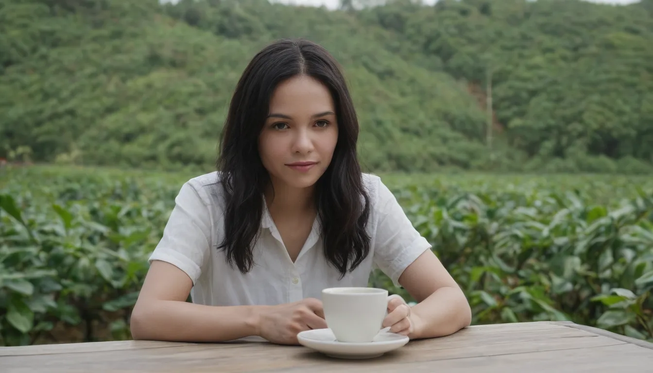 conclusión: retrato de una mujer sentada en una mesa con una vista completa del cuerpo de una plantación de café. una taza & platillo con fondo blanco. está engrosada en su propia vida observando la taza de café, centrándose en sus características, mirando satisfecha