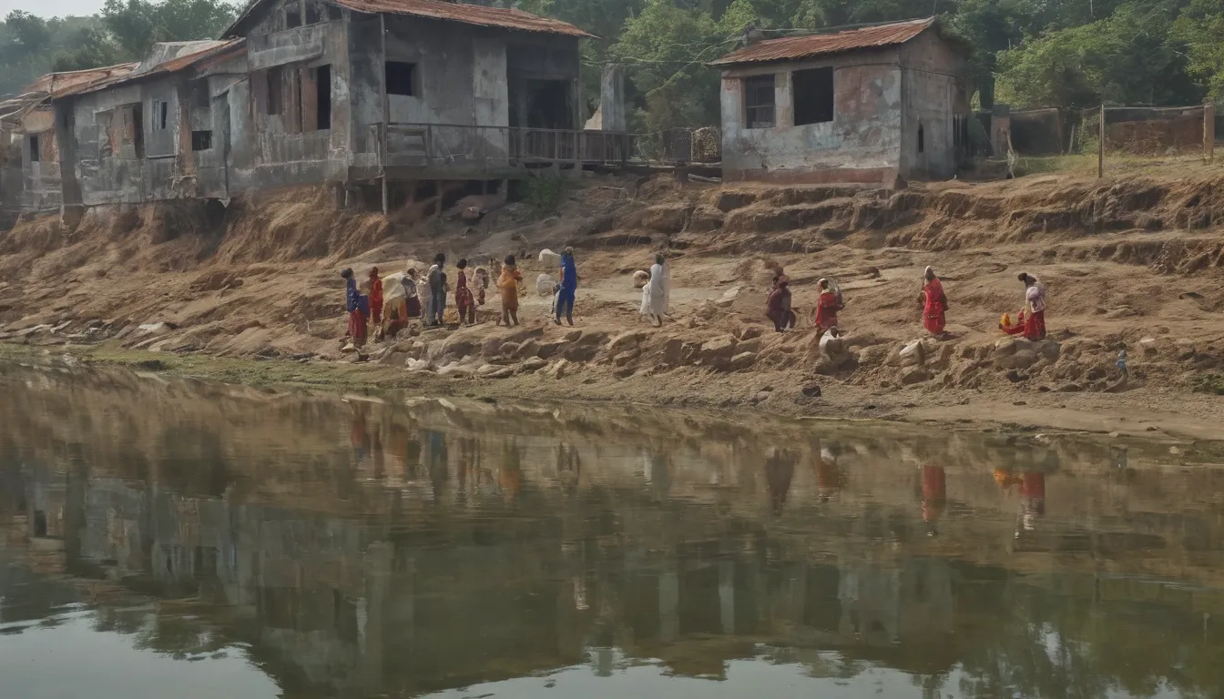 Una imagen para el título Las raíces complejas del desafío de la higiene en la India podría incluir, visión simétrica irrealista del paisaje india y el agua. Shots of people by gandhi mun, in close proximities with water and food, detailed images of unhygienic practices of local houses, dirty water, flies around water supplies, real time photograph, realista color tone & trending design frame for the eyes appeal and illustrate.