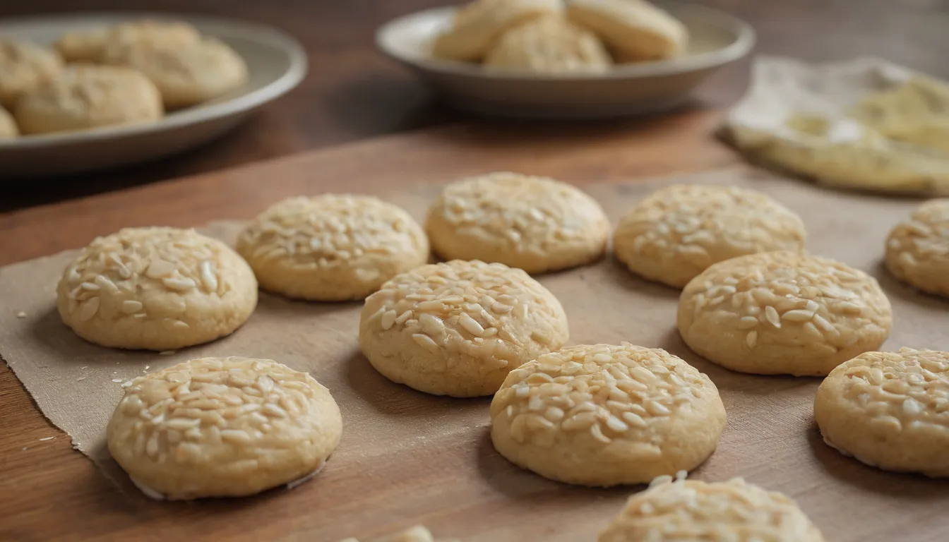 Imagen de galletas de arroz sin gluten. Cierra el tiro. Por arte, fondo blanco. Perfectamente incluso las galletas de tamaño en una mesa de madera. Zapato, longitud focal de 30 mm, estilo retrato. Hornear herramientas y accesorios en el fondo. Disparo desde el centro, 45 3/4 pulgadas, por Artgerm, Tom Bagwell, Aaron Jonson, Alphonse Mucha