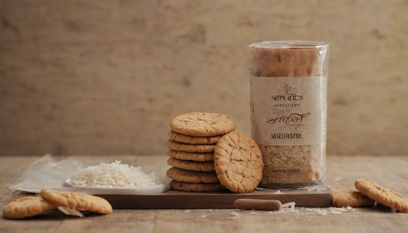 Un cuerpo completo de galletas de arroz: arte moderno en el fondo. Banner con texto mostrando beneficios nutricionales de las galletas de arroz y un cierre de cookies en primer plano.