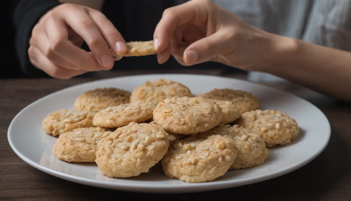 Una imagen para los beneficios saludables de las cookies de arroz sin gluten: arte, una persona con una placa con galletas de arroz sin gluten, por Zhou Tao & Wlodzislaw Sierakowski cerca Greg Rutkowski & Artem Shirinkin ventaja Alconcher " Akihiko Irita, iluminación volumétrica dinámica, sombra dramática.