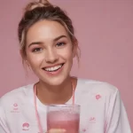 la imagen debe mostrar un primer plano de una persona o un vaso con una bebida rosada y espumosa. una mujer