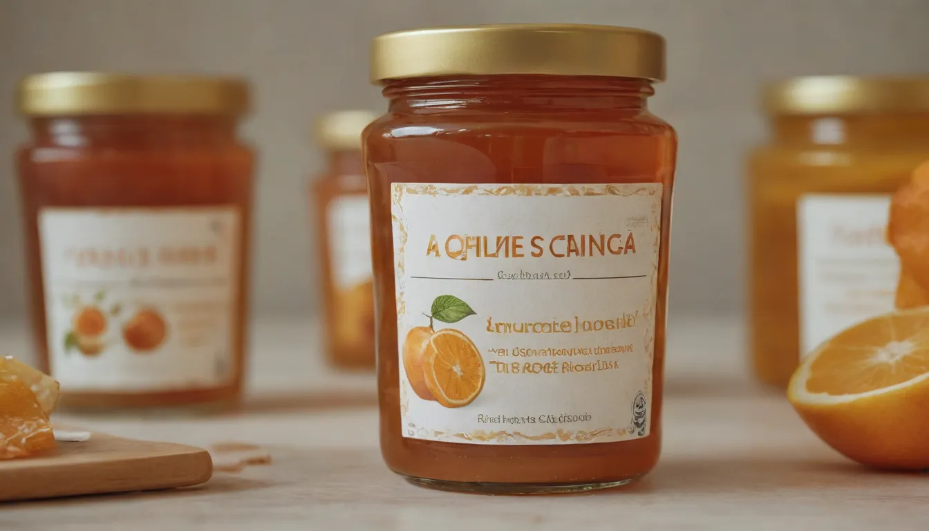Una imagen para el título la Huella Ecológica: por qué la mermelada orgánica cuenta con miles de seguidores de Mermelada orgánica: sabor natural y salud en tus desayunos puede contener fotografías cercanas de: etiqueta de mermelada orgánica, luz dorada que refleja la superficie de mermelada cristalina, frutas naranjas, ingredientes de alta calidad, elementos naturales, ilustración o gráfica que representan la huella de carbono baja y el logotipo de certificación orgánica.