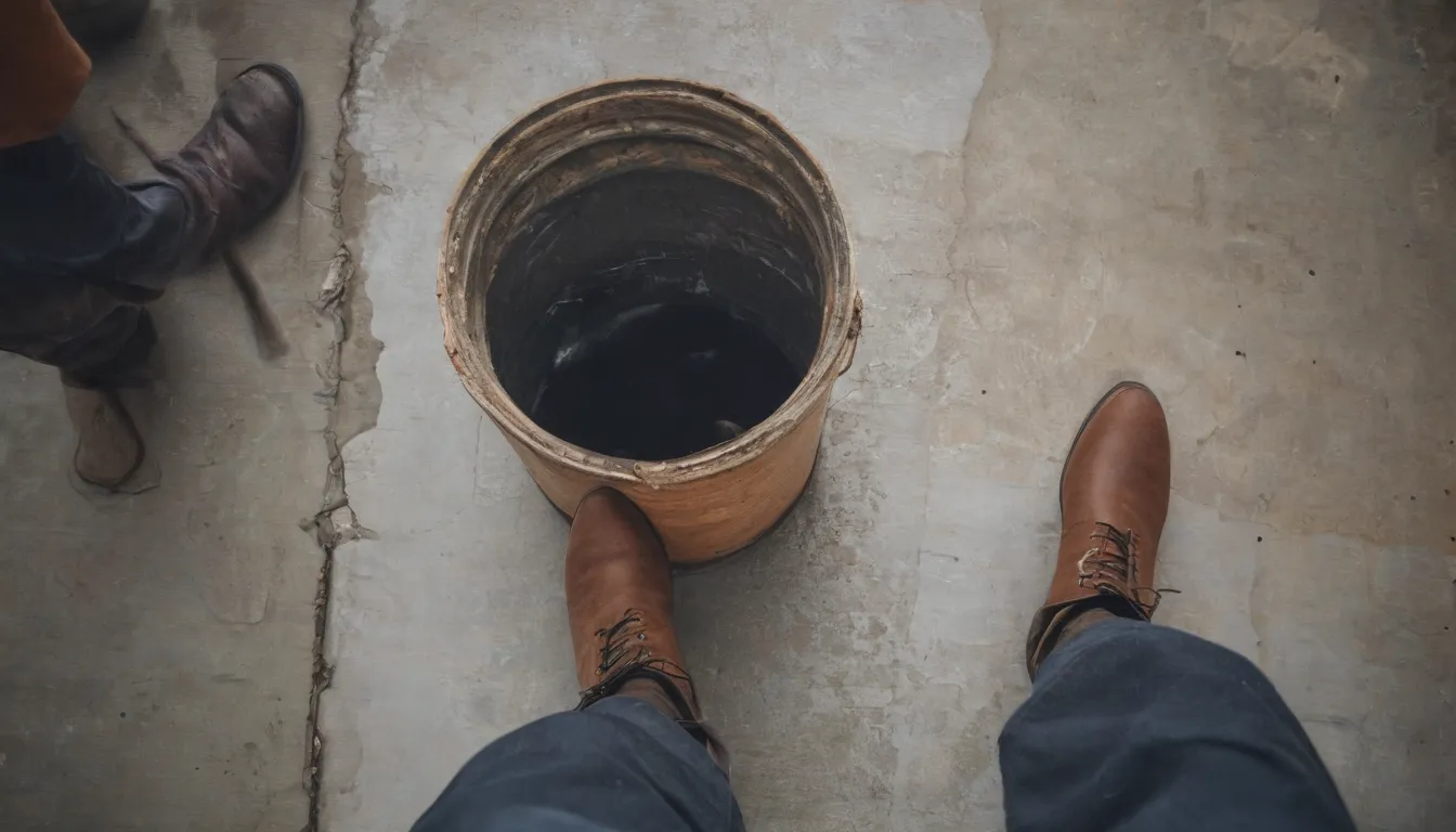 imagen de las estrategias de mantenimiento preventivo de fugas de techo de una falla. foto con gente usando botas altas y sosteniendo cubo o de pie en el techo de tejado. inspecciones intrincadas en la azotea, vista detallada, acercamiento, simétrica. pintura al óleo, arte conceptual, estilo de ilustración digital. 86 palabras